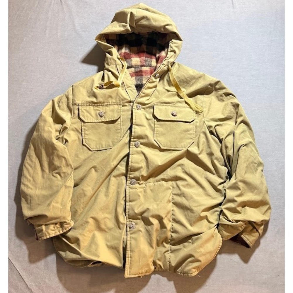 Vintage Woolrich Hooded Jacket Barn Coat Mens Large Beige Button Reversible 70s.